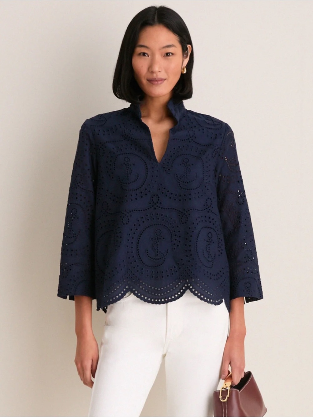 Tuckernuck Navy Nautical Eyelet Margot Stand Collar Blouse